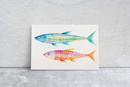 Watercolor Sardine, Fish Painting, Vibrant Color, Kitchen Print, Dining Room, Clean Minimal, Abstract, Framed Canvas