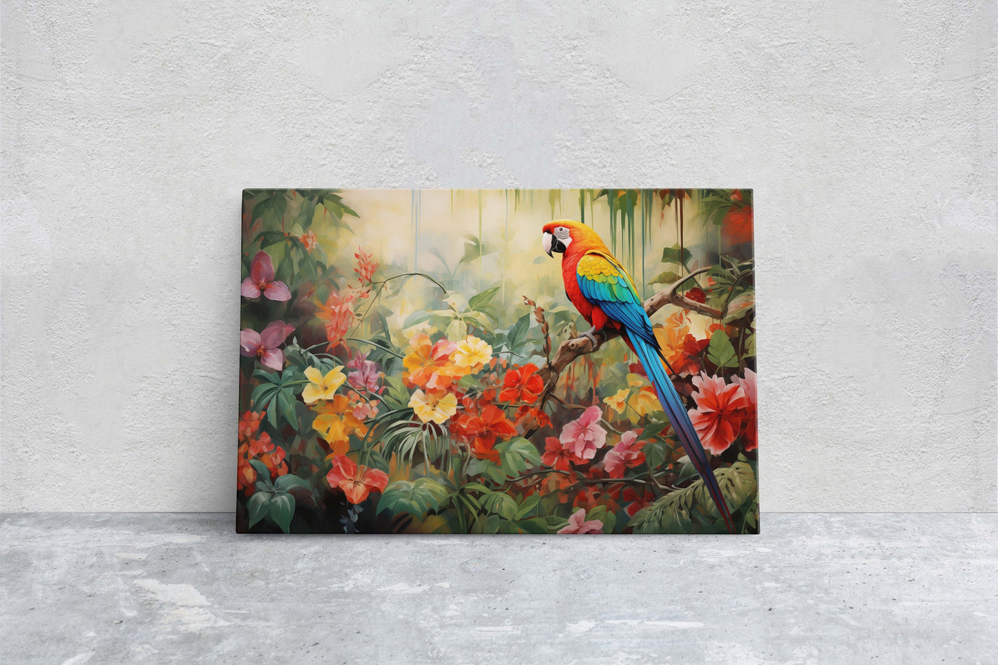 Jungle Bird Painting, Jungle Art, Green Jungle, Framed Canvas, Large Print, Beautiful Bird, Flower Jungle, Tropical Forest, Rainforest Art