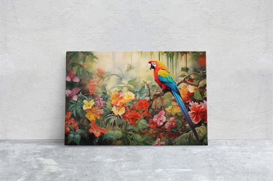 Jungle Bird Painting, Jungle Art, Green Jungle, Framed Canvas, Large Print, Beautiful Bird, Flower Jungle, Tropical Forest, Rainforest Art