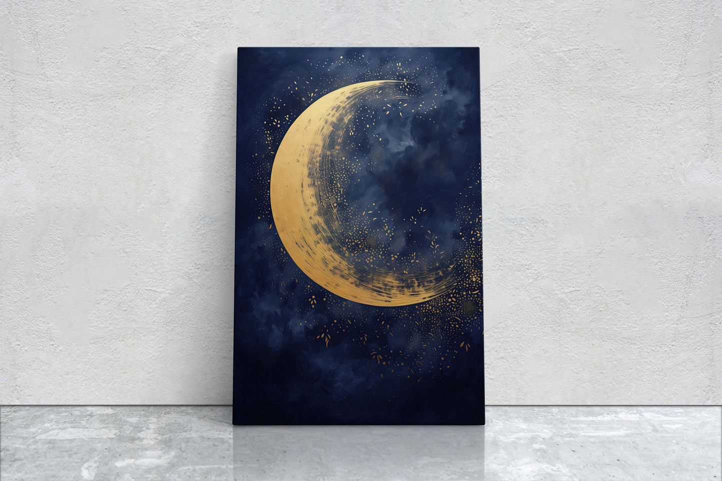 Gold Moon on Indigo, Moon Painting, Minimalist Art, Circle Indigo, Maximalist Art, Contemporary Decor, Celestial Art, Space Decor, Night Sky