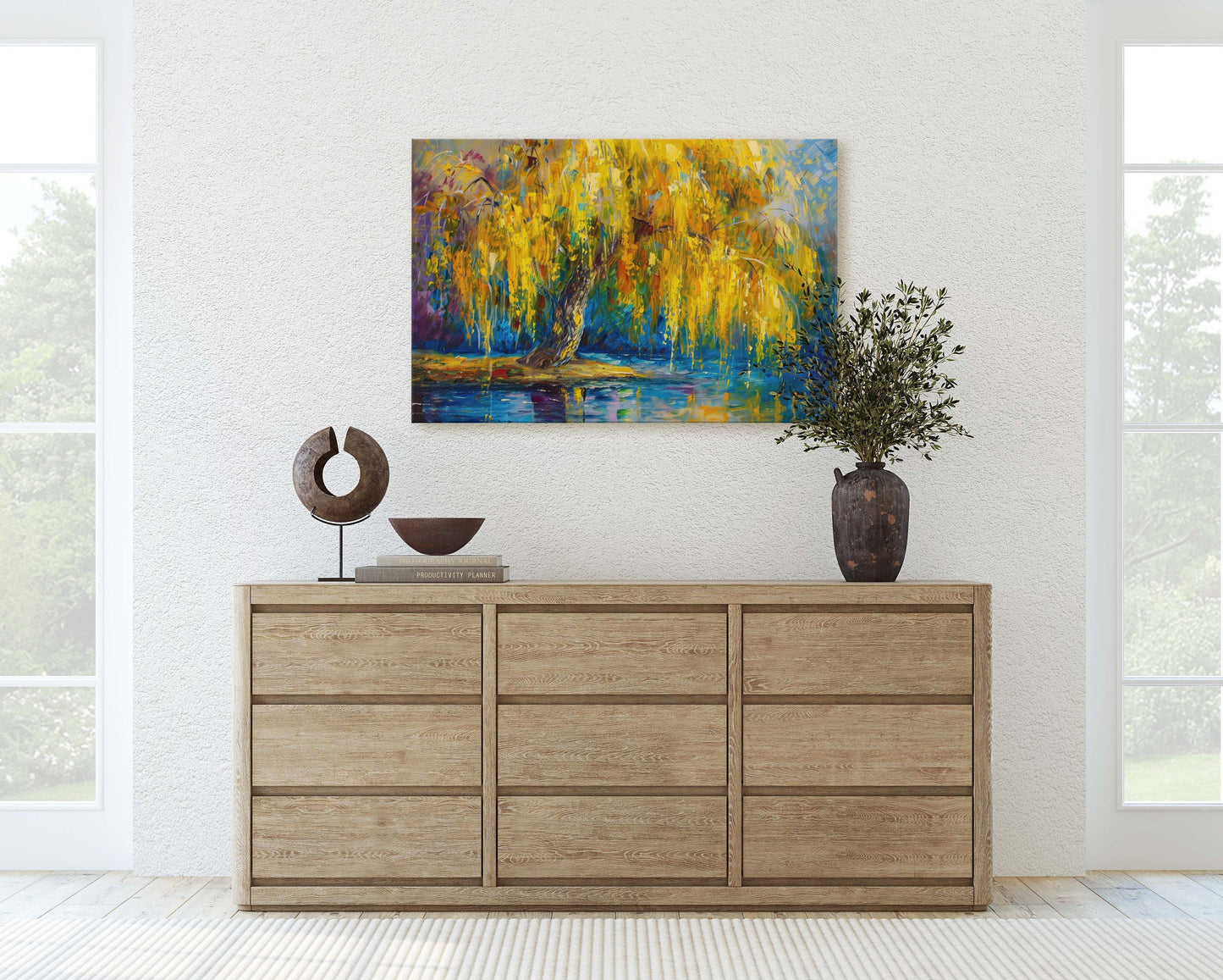 Golden Willow, Weeping Willow, Abstract Modern, Framed Canvas, Large Art Print, Gold and Blue, Tree Painting, Floral Botanical