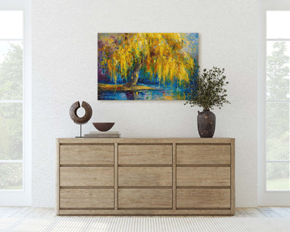 Golden Willow, Weeping Willow, Abstract Modern, Framed Canvas, Large Art Print, Gold and Blue, Tree Painting, Floral Botanical