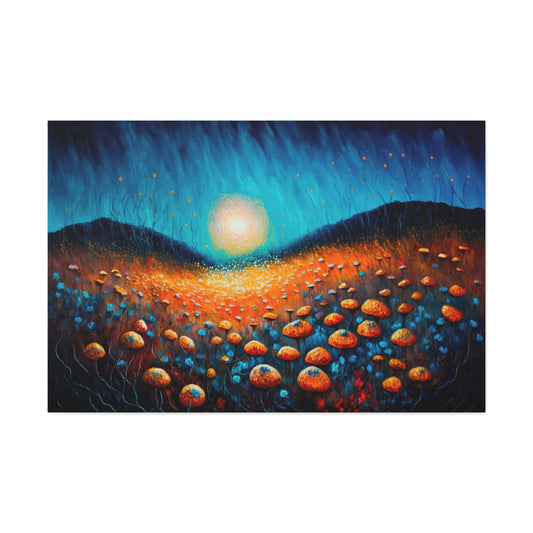Fantasy Mushroom World Canvas Art Ready To Hang Large Print, Oil Painting, Colorful, Moon,