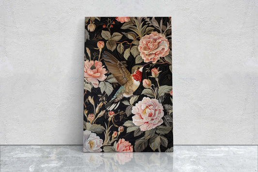 Hummingbird, William Morris Inspired, Floral Art, Botanical Decor, Framed Canvas, Dark Print, Cottagecore, Extra Large Print, Bird Decor