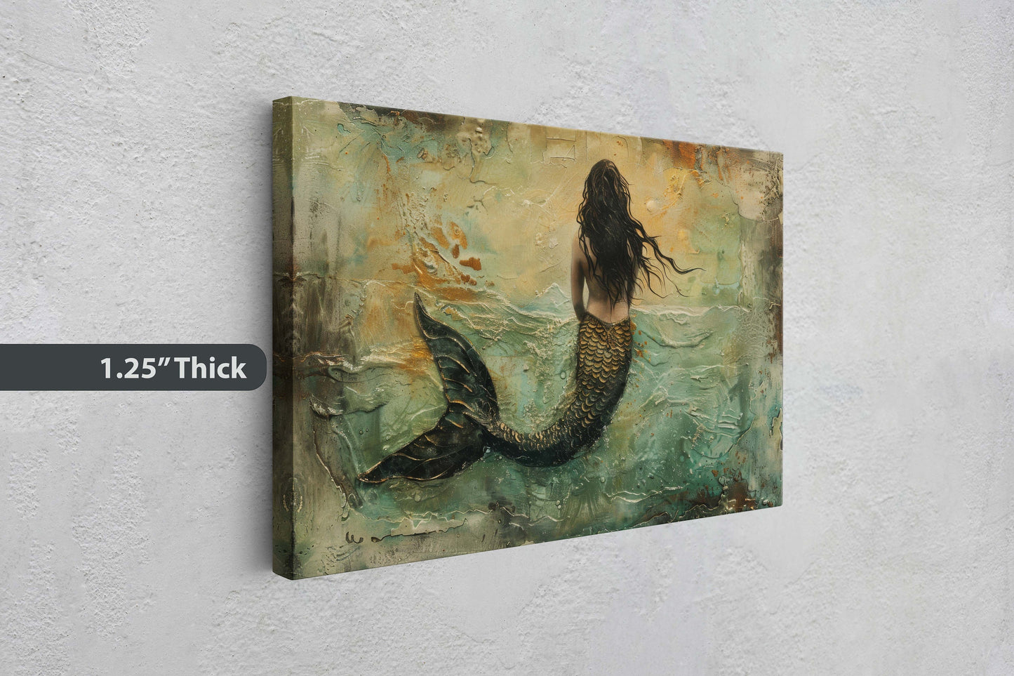 Mermaid in Solitude, Nautical Artwork, Ocean Decor, Mythical Creature, Fantasy Decor, Faux Metal, Framed Canvas, Extra Large Print