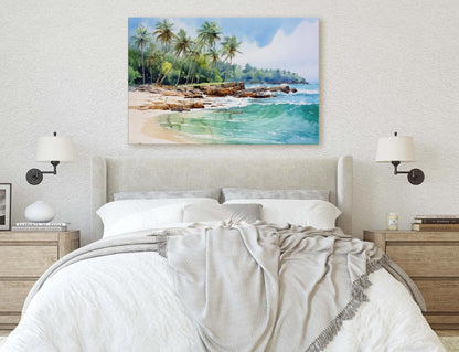 Ocean Beach On Canvas, Beautiful water, watercolor, Framed Canvas, Hawaii
