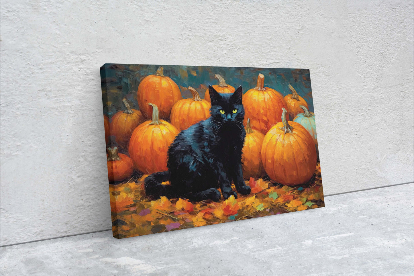 Black Cat Pumpkin Patch on Canvas, Halloween Decor, Fall Pumpkin, Framed Canvas,  Autumn Leaves, Pumpkin Leaf, Painting