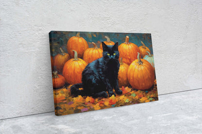 Black Cat Pumpkin Patch on Canvas, Halloween Decor, Fall Pumpkin, Framed Canvas,  Autumn Leaves, Pumpkin Leaf, Painting