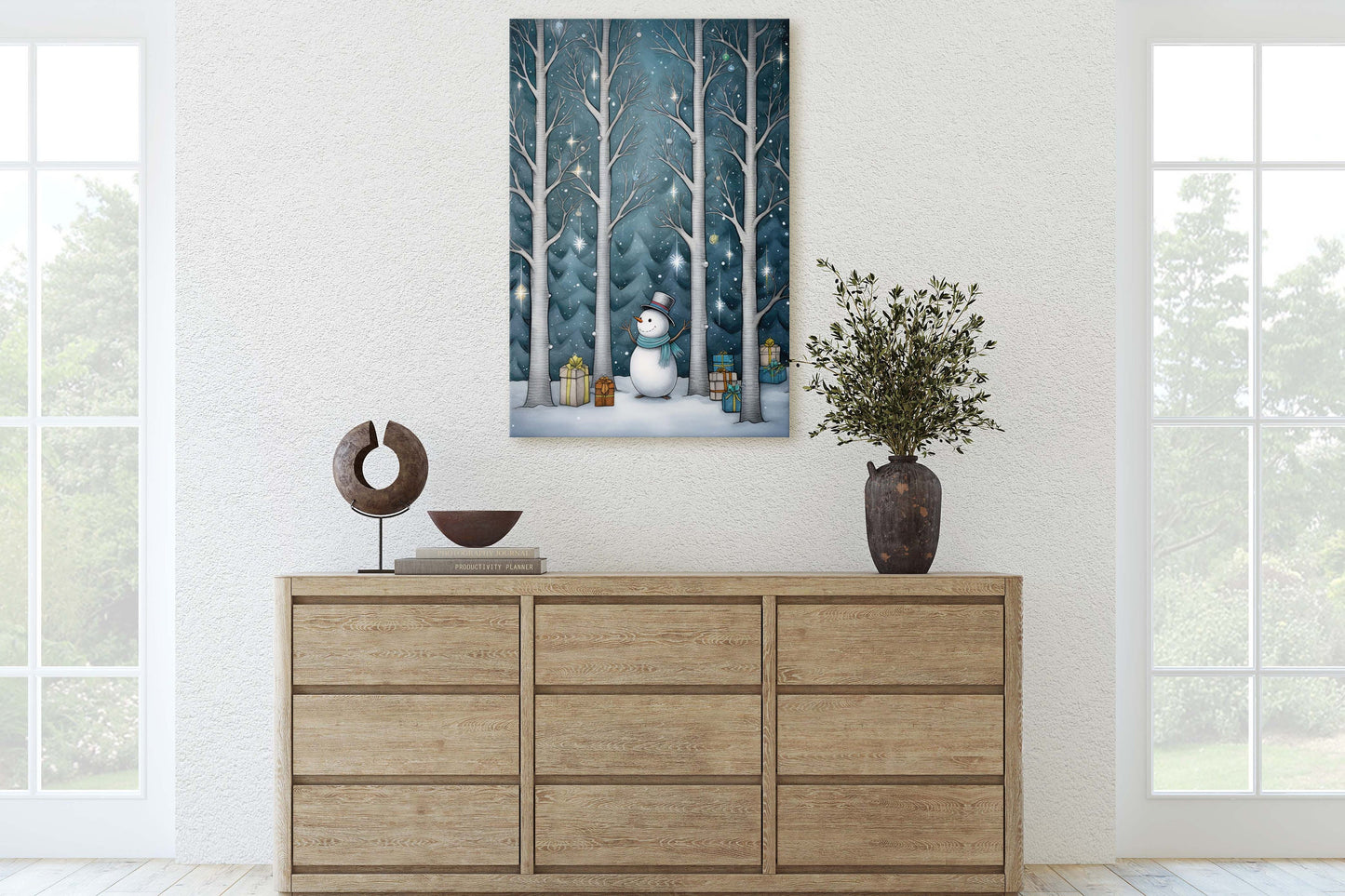 Snowman Presents Forest, Illustration Style, Snowy Forest, Snow Presents, Framed Canvas, Christmas Decor, Large Print, Winter Decor
