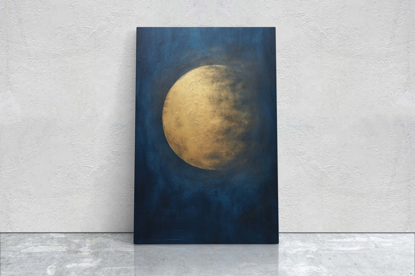 Gold Moon on Indigo, Moon Painting, Minimalist Art, Circle Indigo, Maximalist Art, Contemporary Decor, Celestial Art, Space Decor, Night Sky
