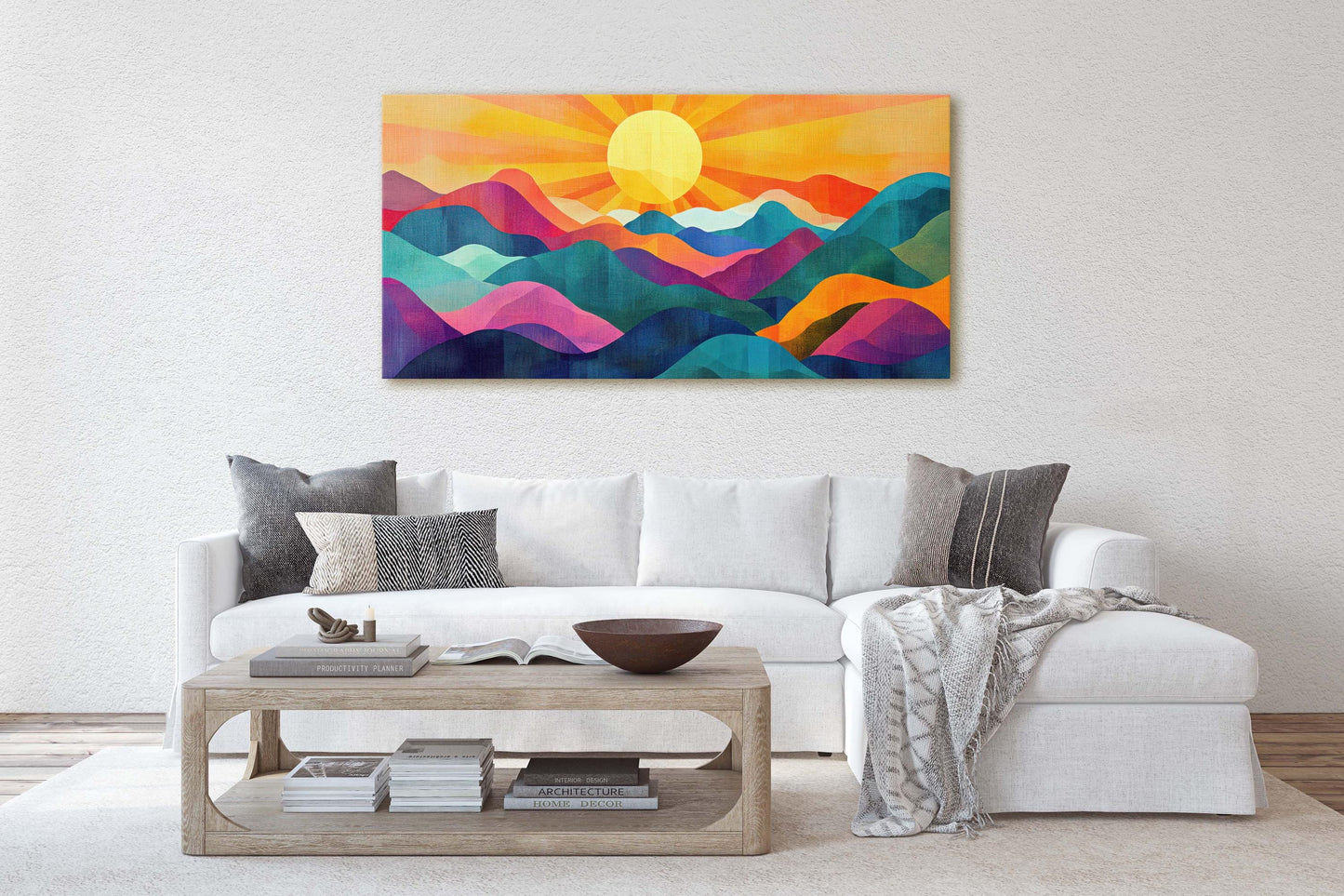 Sunshine Mountain, Canvas Print, Sunset Decor, Flat Art, Vibrant Color, Bold Art, Vertical, Abstract, Mid Century Modern, Scandinavian Print