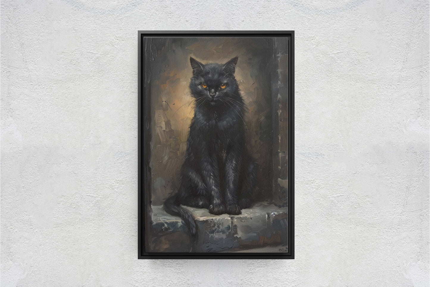 Ominous Cat, Black Cat Stare, Halloween Decor, Gothic Art, Framed Canvas, Extra Large print