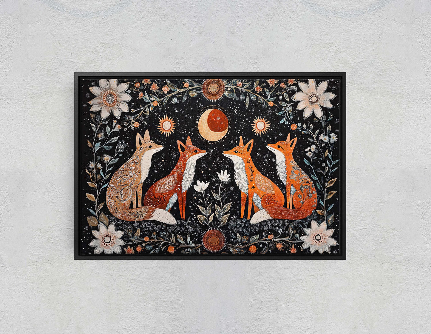 Fox Folk Art, Celestial Art, Fox Art, Nature print, Canvas print