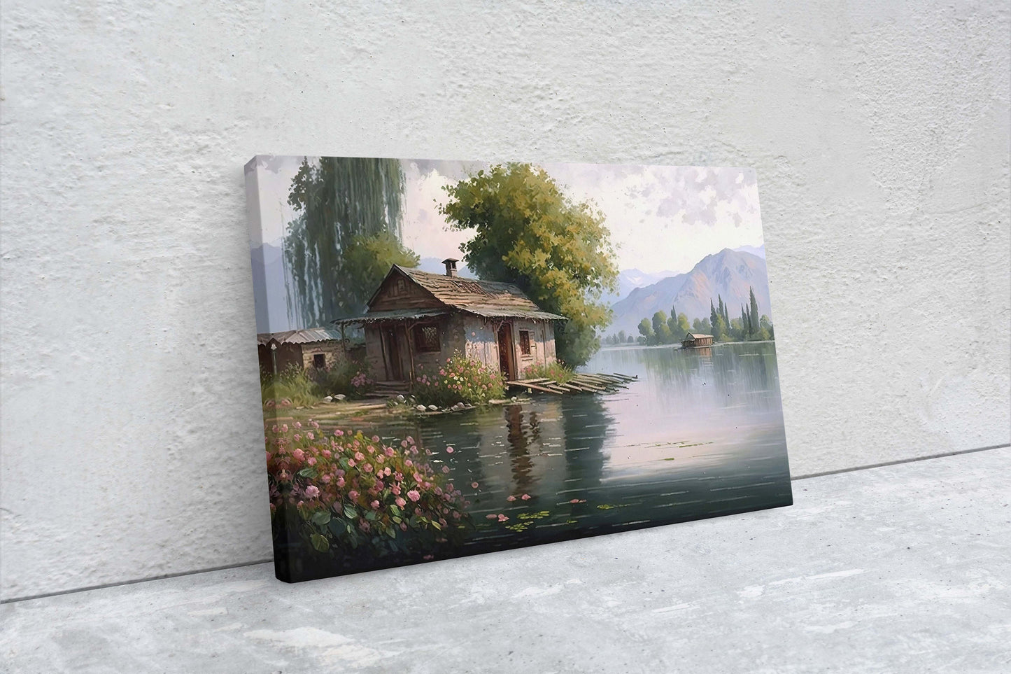 Lake Cottage Canvas Art Ready To Hang Large Print, Oil Painting, Landscape, Dali Lake India