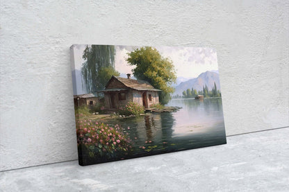 Lake Cottage Canvas Art Ready To Hang Large Print, Oil Painting, Landscape, Dali Lake India