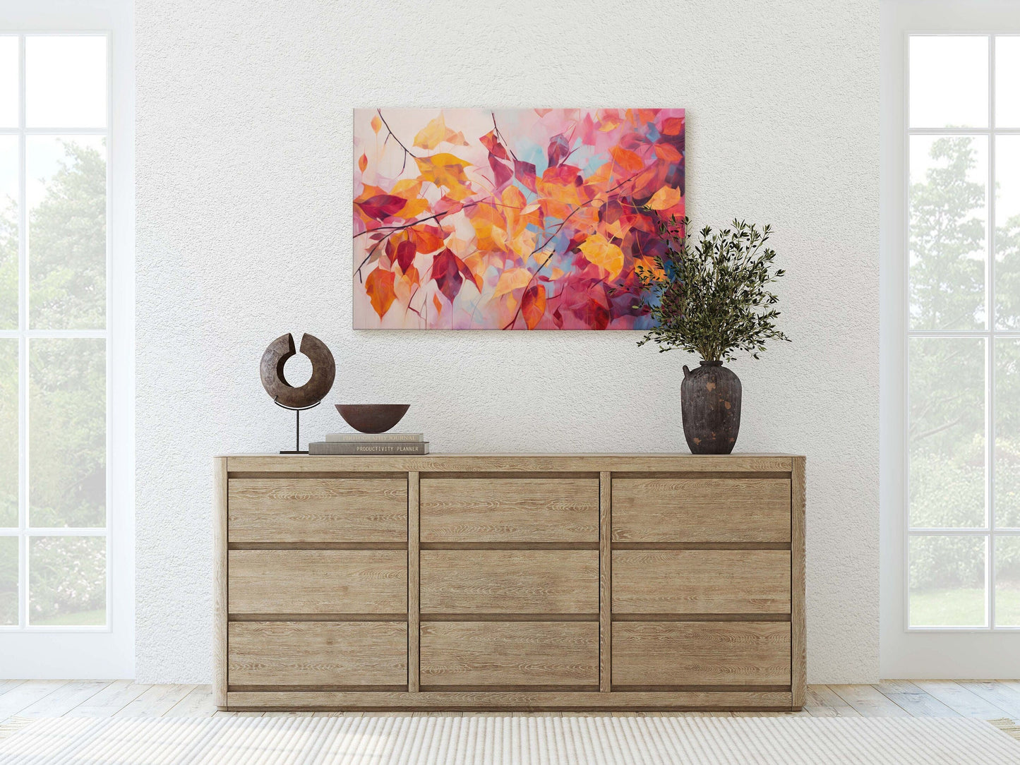 Abstract Leaf Print, Fall Leaves, Autumn,Red Orange Canvas, Fine Art, Modern Artwork, Contemporary Print, Framed Canvas