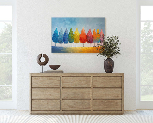 Seasons Painting, Pastel Trees, Rainbow Tree, Spring Summer, Fall Winter, Blue Tones, Colorful Vivid, Framed Canvas, Large Art Print