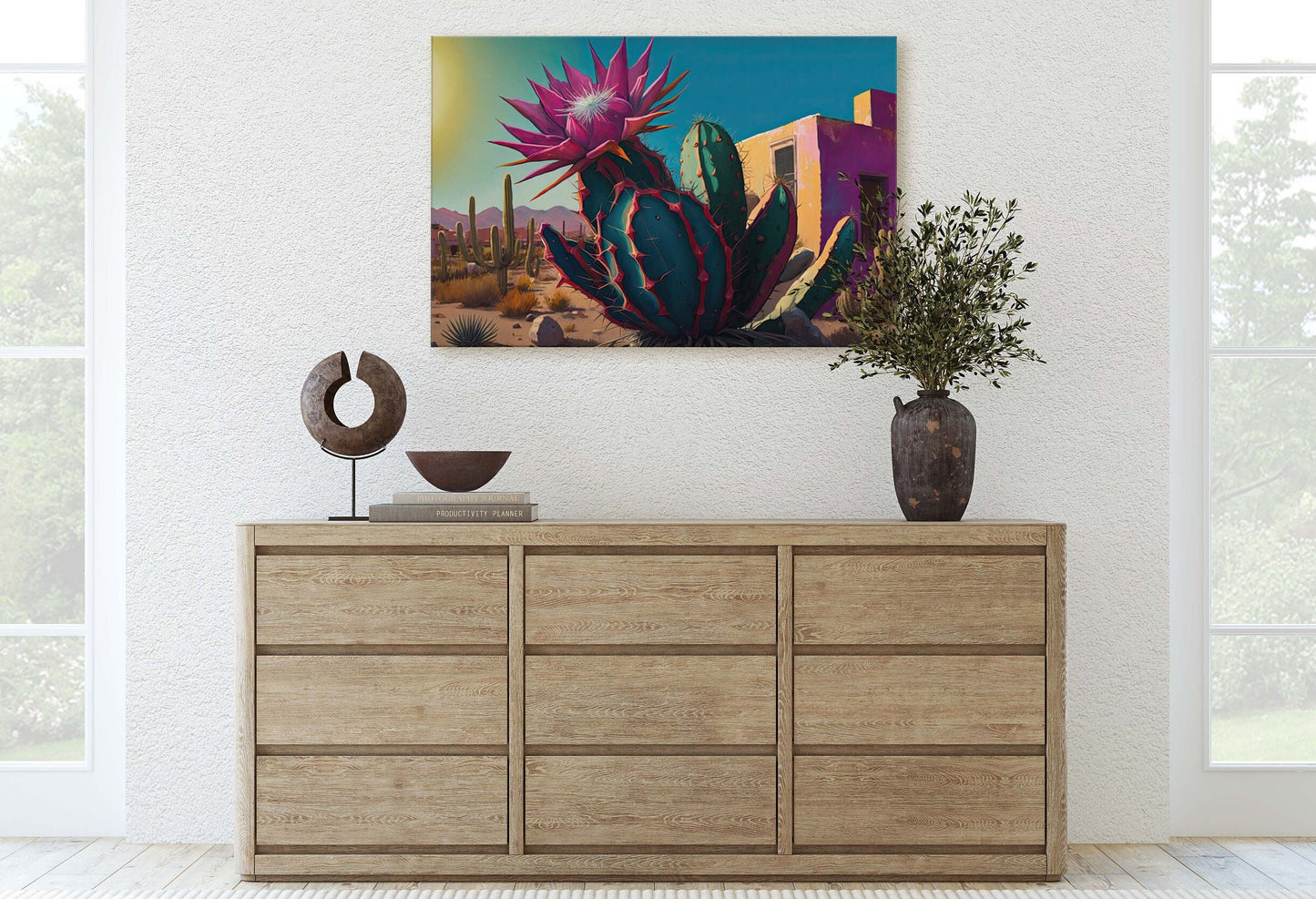 Blooming Cactus, Southwest Art,Ready To Hang, Large Print, Painting, Desert Landscape, Contemporary Art, Modern Art, Surreal Desert