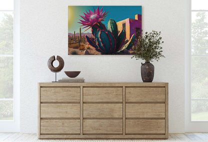 Blooming Cactus, Southwest Art,Ready To Hang, Large Print, Painting, Desert Landscape, Contemporary Art, Modern Art, Surreal Desert