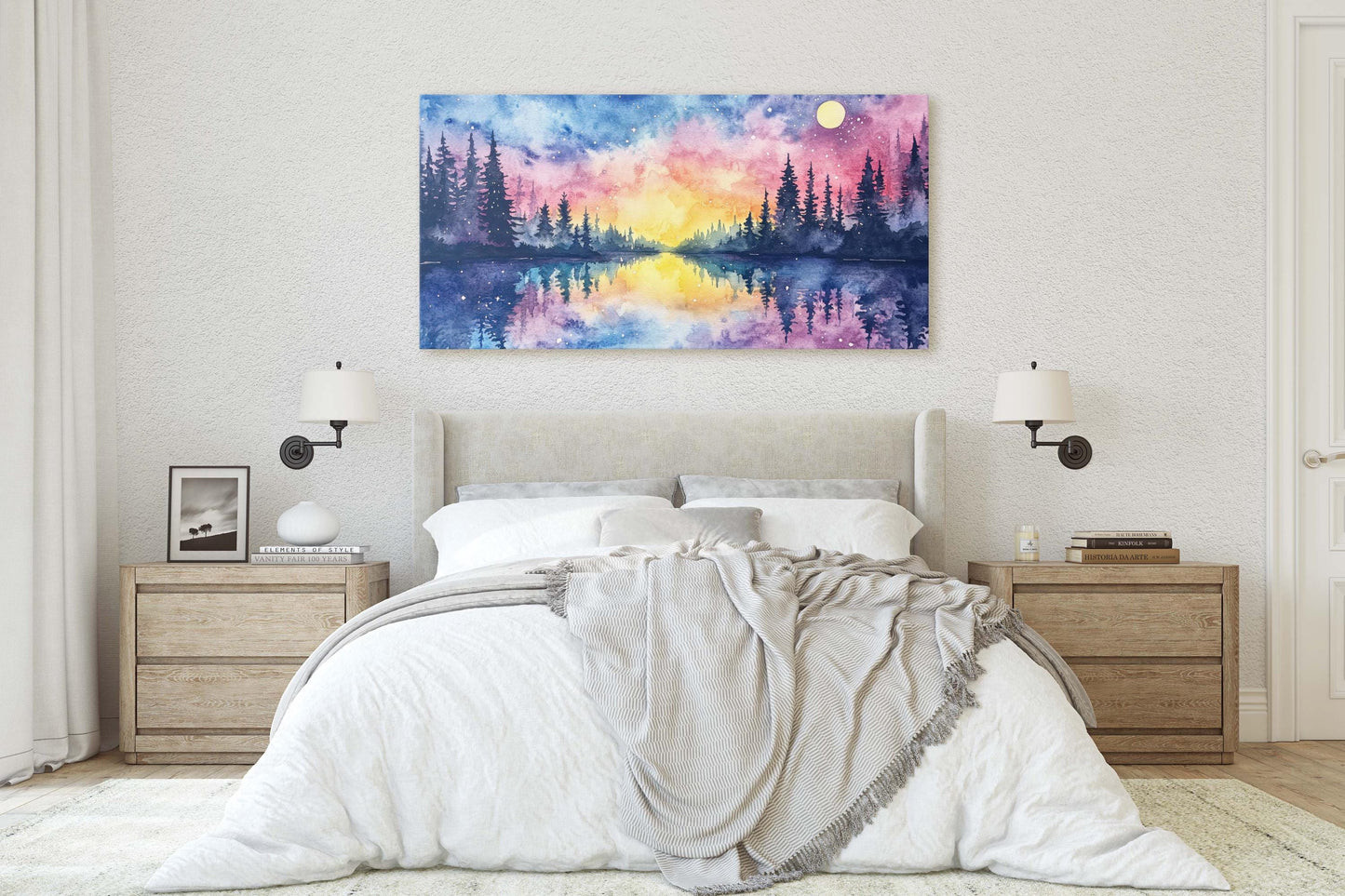 Mystical Lake, Pastel Colors, Watercolor, Ethereal Sky