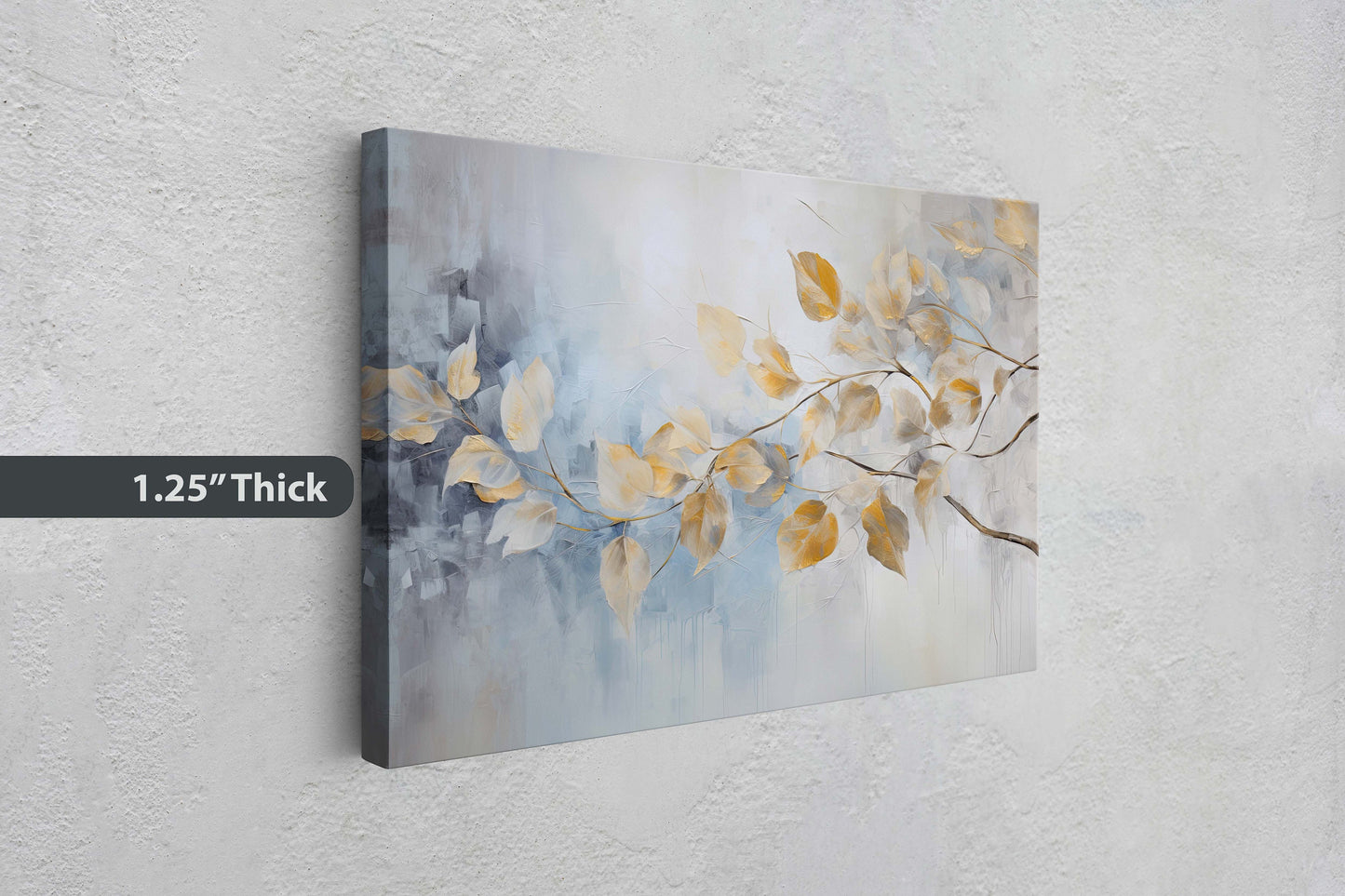 Golden Leaves Rain, Floral Art Painting, Contemporary Canvas,  Large Print, Framed Canvas, Neutral Color, Gray and Gold, Blue Tones