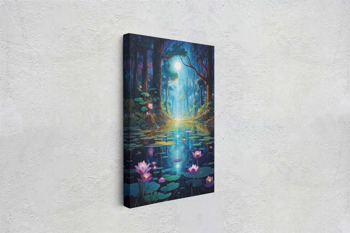 Enchanted Pond, Lamps Night Art, Lantern Forest, Vertical Canvas, Fantasy Decor, Office Art, River Art, Lily Pond, Floating Flower