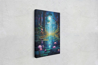Enchanted Pond, Lamps Night Art, Lantern Forest, Vertical Canvas, Fantasy Decor, Office Art, River Art, Lily Pond, Floating Flower