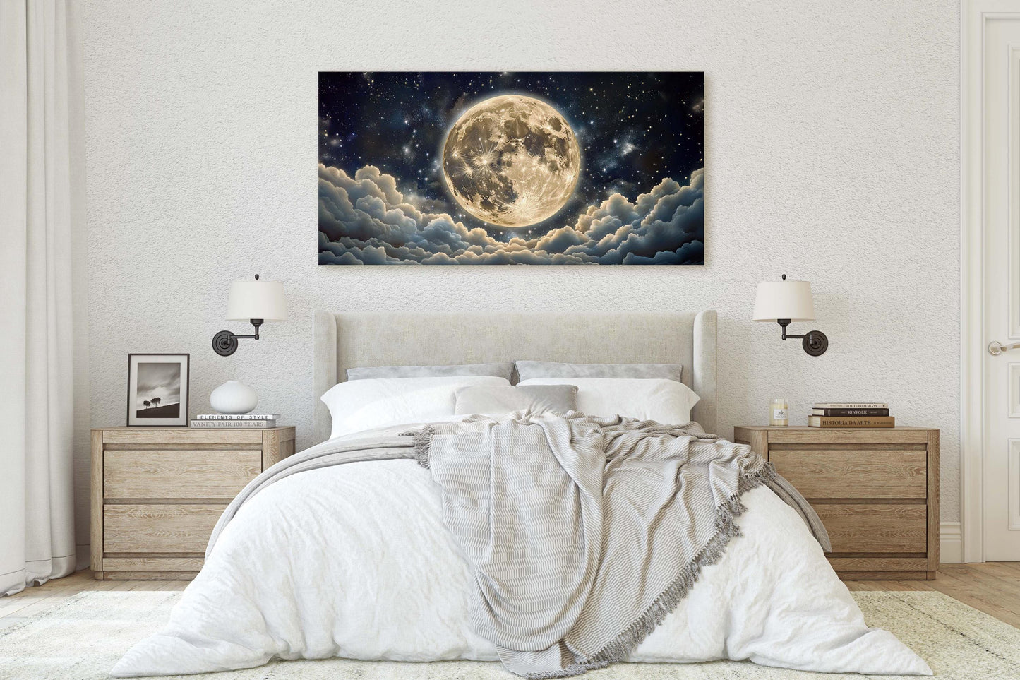 Cloudy Moon Sky, Moon Painting, Moon and Stars, Full Moon