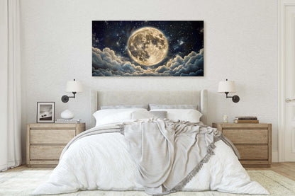 Cloudy Moon Sky, Moon Painting, Moon and Stars, Full Moon