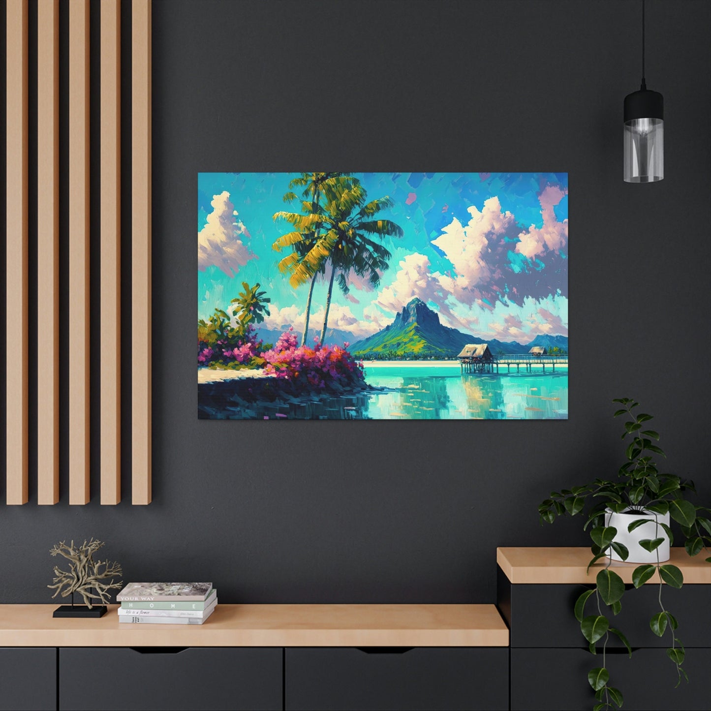 Bora Bora Canvas Art Ready To Hang Large Print, Colorful, Polynesia, Bright Beach. Mountain