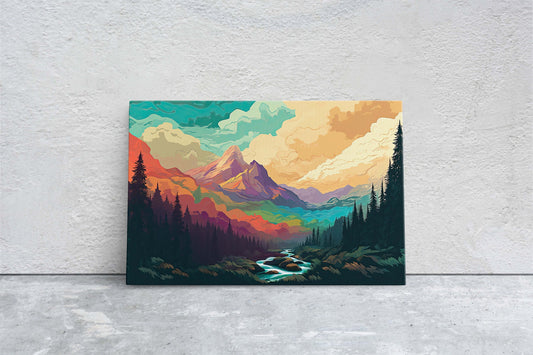 Cloud Mountains on Canvas, Flat Illustration, Sunset Colors, Sunrise Scene, Mountain Range, National Park, Abstract Art, Drawing, Framed