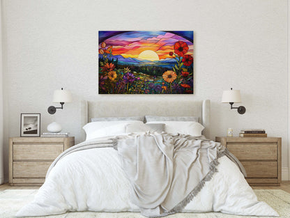 Sunset Painting, Faux Stained Glass, Colorful Vibrant, Sunrise Art, Flower Field. Mountain Decor, Framed Canvas