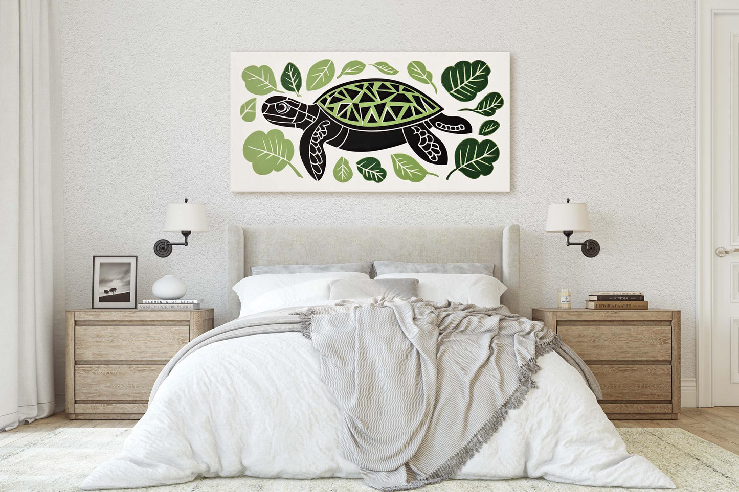 Turtle Folk Art, Scandinavian Art, Linocut Print, Framed Canvas, Large Canvas Print