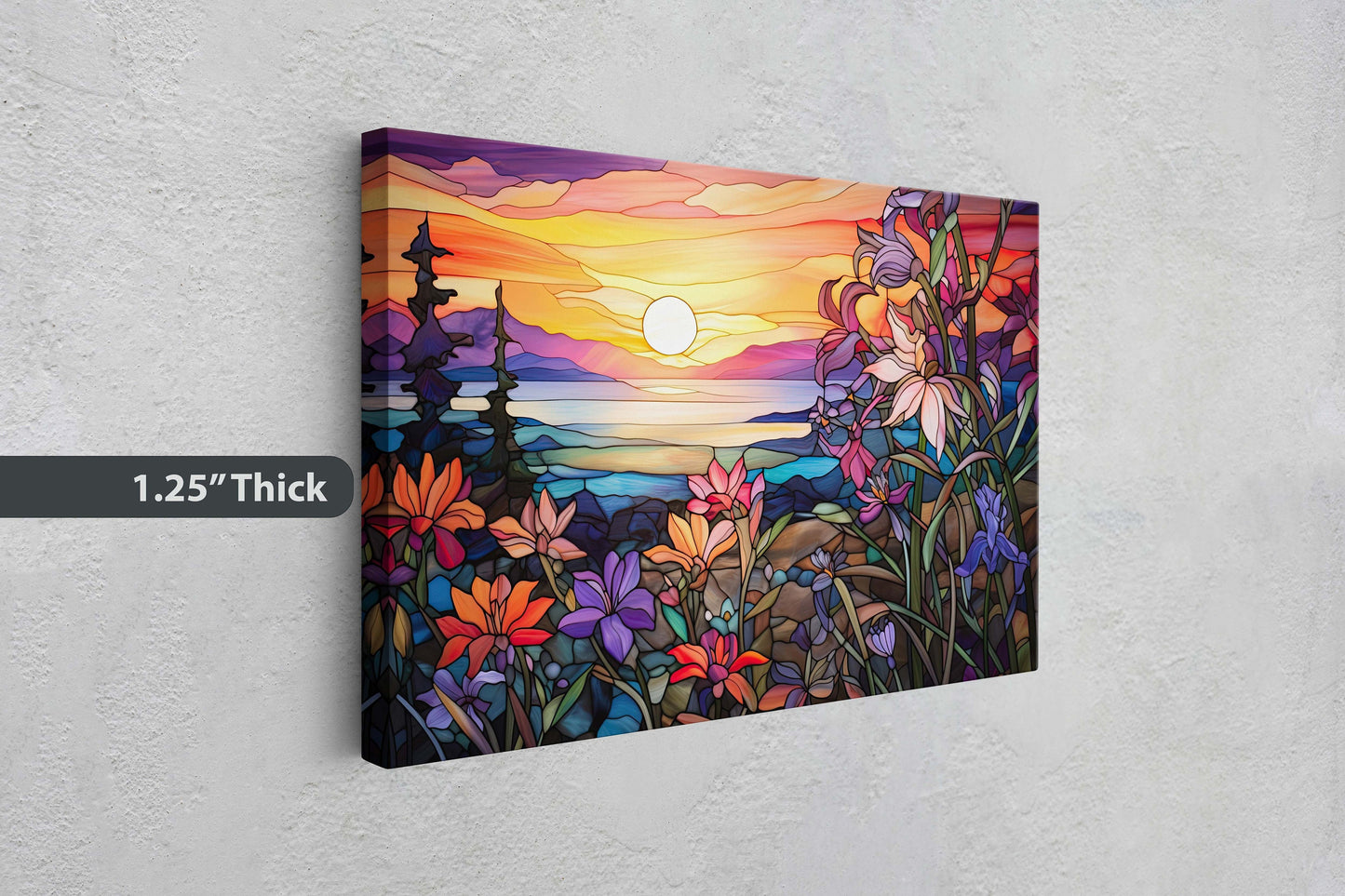 Stained Glass Painting, Faux Stained Glass, Sunset Flowers, Sunrise Field, Mountain Landscape, Framed Canvas, Vivid Colorful