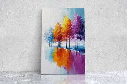 Trees By Lake, Colorful Foliage, Rainbow Trees, Pastel Colors, Blue White, Orange Purple, Framed Canvas, Large Art print
