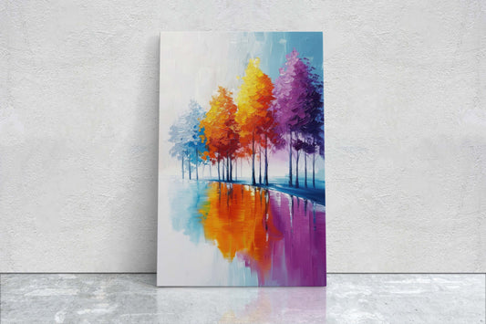 Trees By Lake, Colorful Foliage, Rainbow Trees, Pastel Colors, Blue White, Orange Purple, Framed Canvas, Large Art print