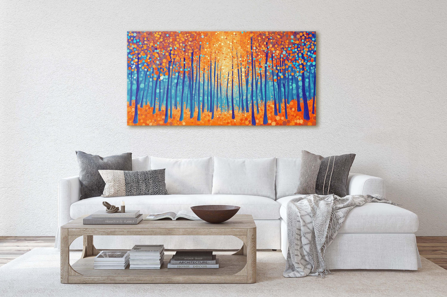Pointillism Autumn, Fall on Canvas, Abstract Aspen Trees, Framed Canvas