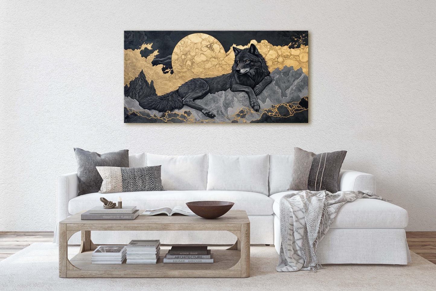 Lone Wolf Contemporary, Black and Gold Wolf, Wolf Moon
