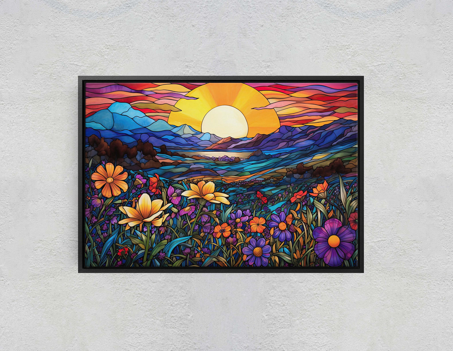 Stained Glass Painting, Blue Mountains, Faux Stained Glass, Sunset Flowers, Sunrise Field, Mountain Landscape, Framed Canvas, Vivid Colorful