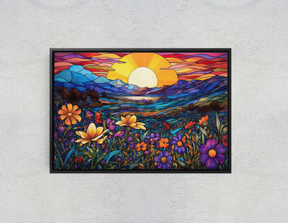 Stained Glass Painting, Blue Mountains, Faux Stained Glass, Sunset Flowers, Sunrise Field, Mountain Landscape, Framed Canvas, Vivid Colorful