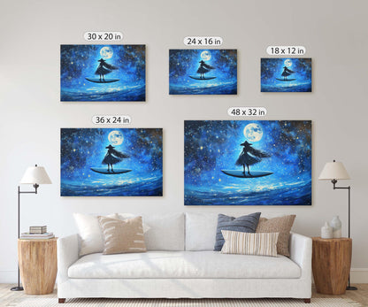 Surfing Witch, Flywing Witch, Halloween Art,  Full Moon, Blue Ocean, Whimsical Art, Fun Halloween, Whimsy