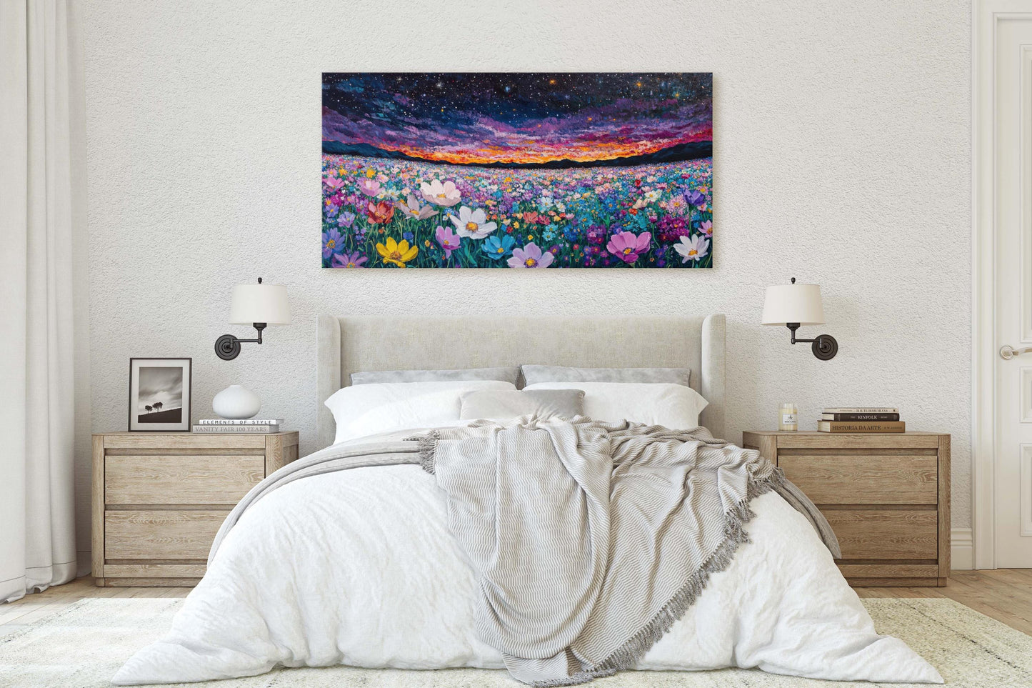 Night Sky Flowers, Meadow in the Night, Dark Colorful, Vibrant Decor, Large Art Print