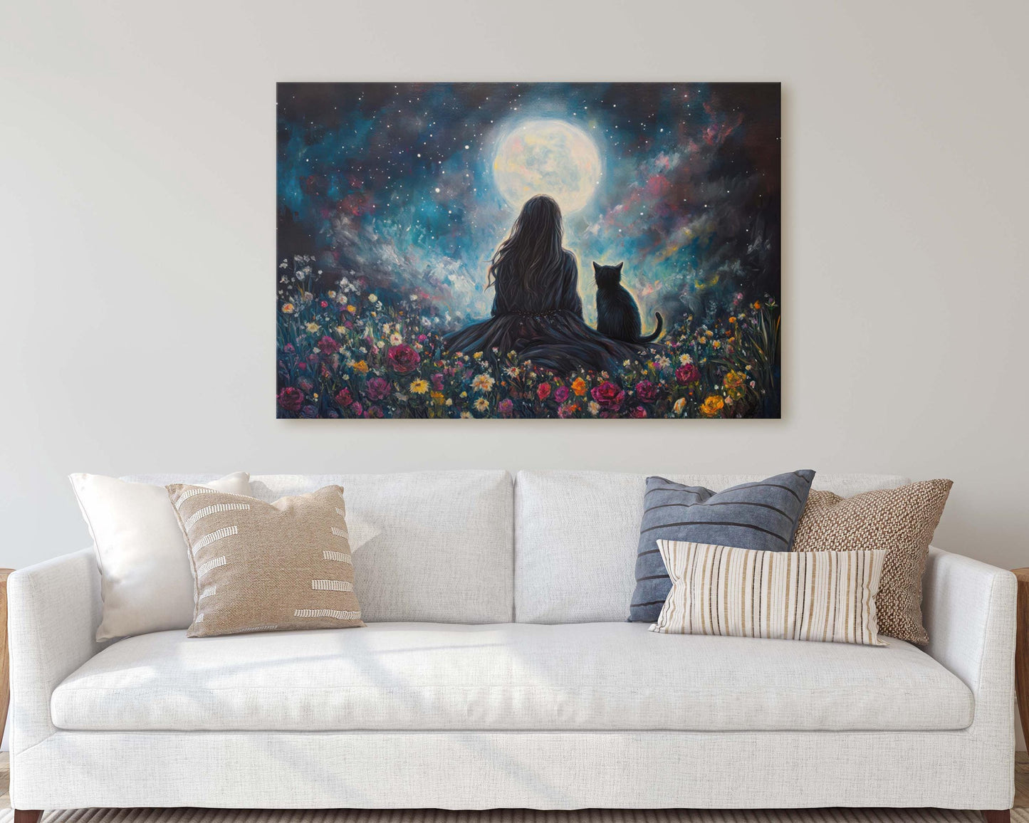 Girl and Cat Moon, Moonlit Night, Dreaming of Tomorrow, Halloween Art, Full Moon, Witch and Cat