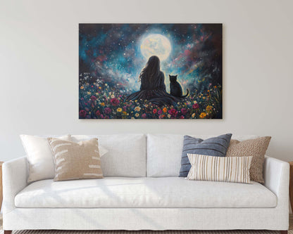 Girl and Cat Moon, Moonlit Night, Dreaming of Tomorrow, Halloween Art, Full Moon, Witch and Cat