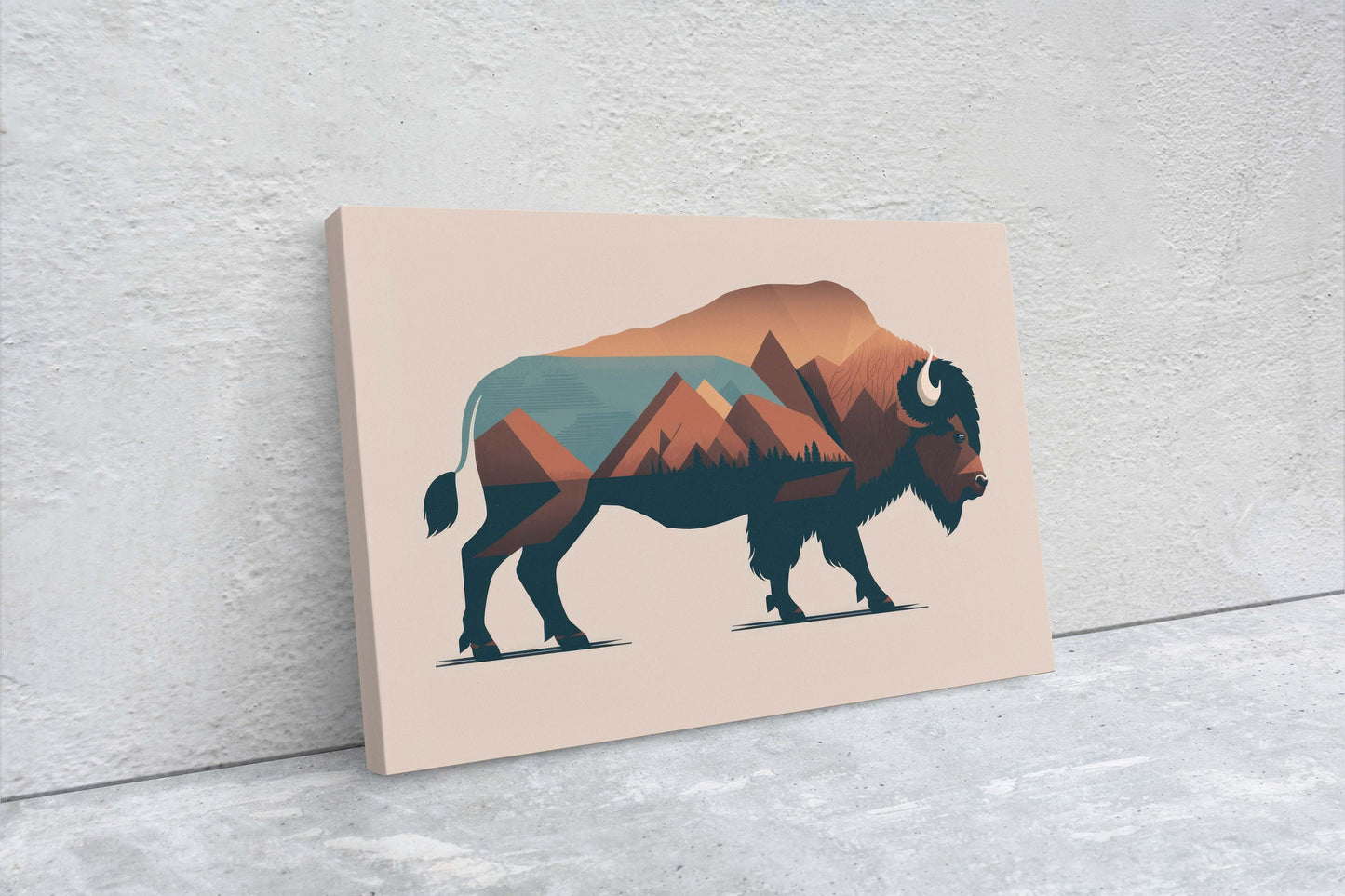 Boho Minimalist Buffalo, American Bison, Canvas Art Ready To Hang Large Print, Painting, Mountains, Neutral