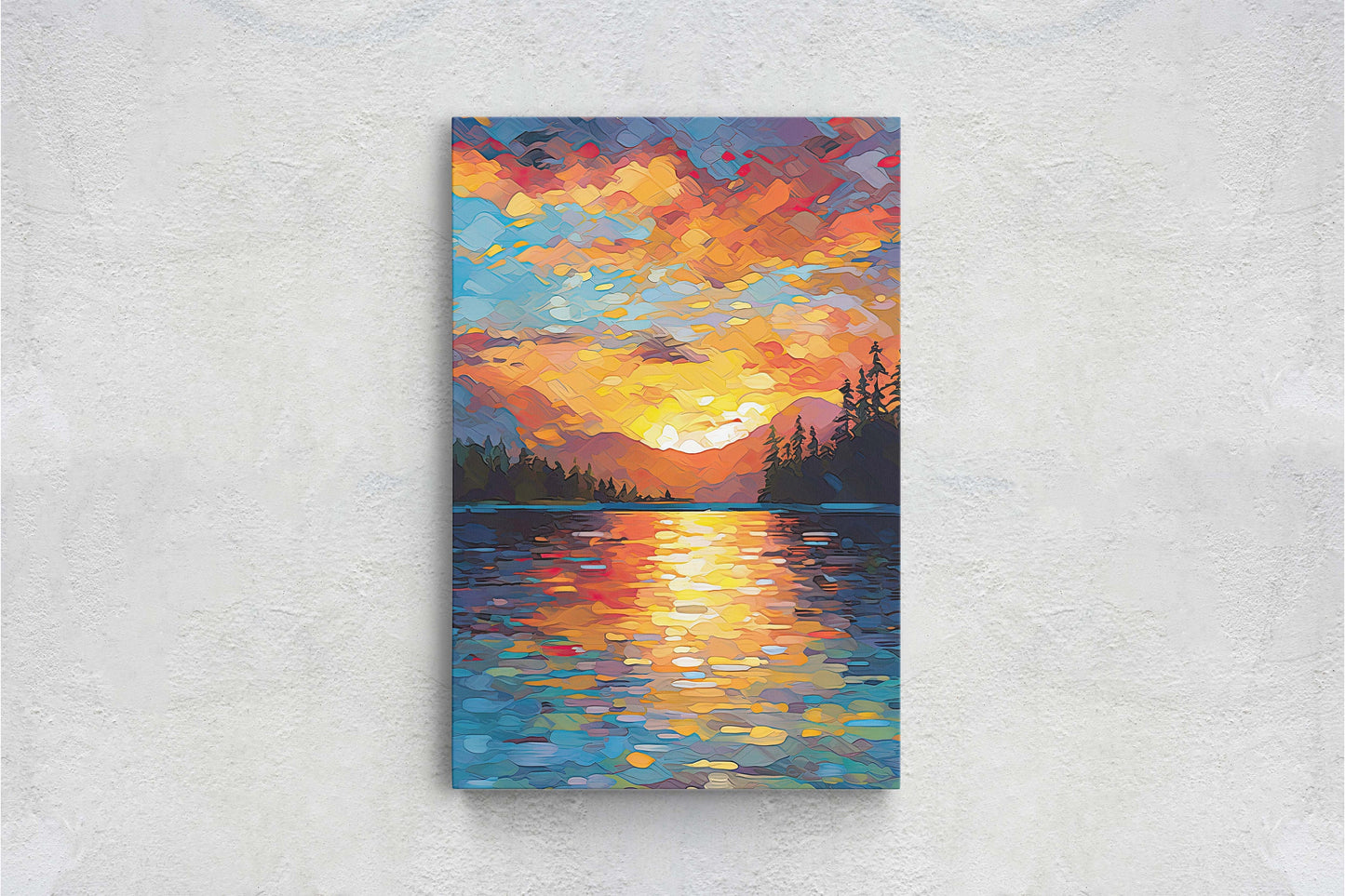 Lake at Sunset, Fauvist Color, Calm Water, Chromatic, Impressionist Art, Landscape Decor, Nature Painting, Ready to Hang, Canvas Print