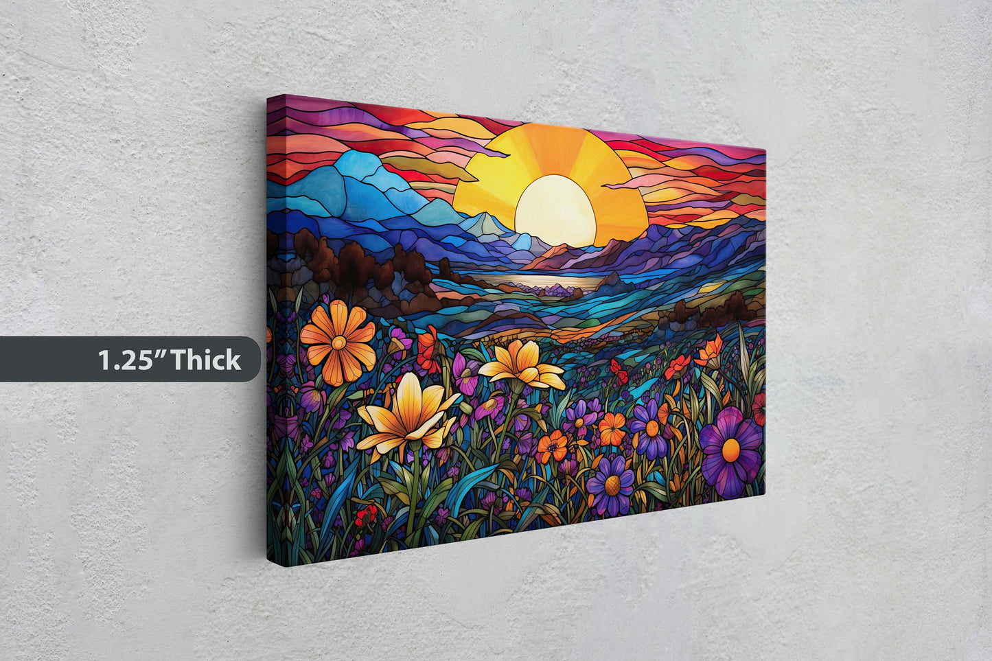Stained Glass Painting, Blue Mountains, Faux Stained Glass, Sunset Flowers, Sunrise Field, Mountain Landscape, Framed Canvas, Vivid Colorful
