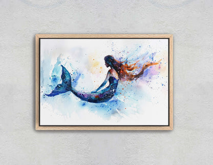 Watercolor Mermaid, Fantasy Creature, Ocean Art, White and Blue, Bathroom Decor, Framed Canvas, Large Art Print, Mystical, Impressionism