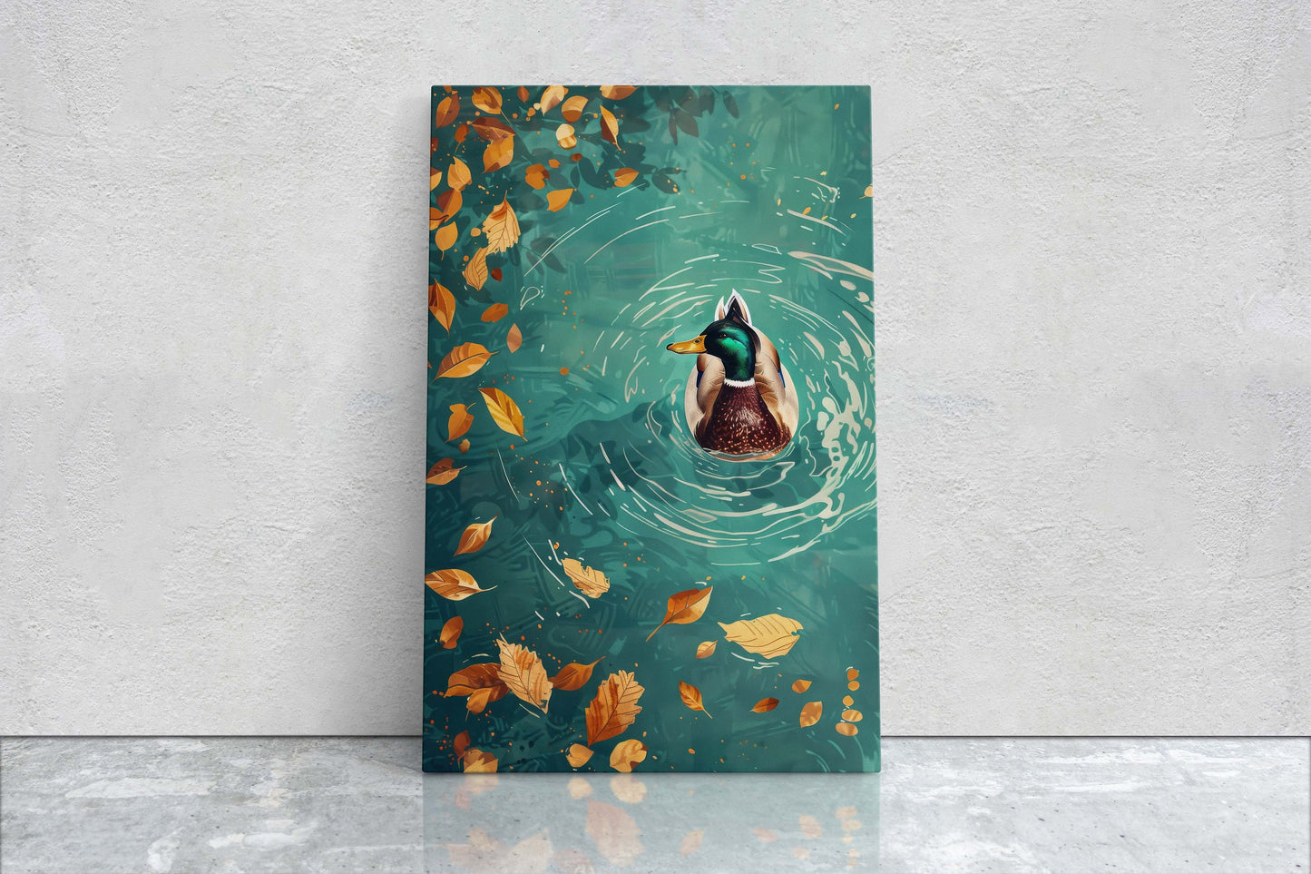 Mallard Duck Fall, Duck in Lake, Framed Canvas, Fall Season, Large Art print, Vertical Print, Leaves in Lake, Tranquil Decor