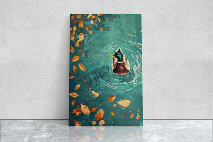 Mallard Duck Fall, Duck in Lake, Framed Canvas, Fall Season, Large Art print, Vertical Print, Leaves in Lake, Tranquil Decor